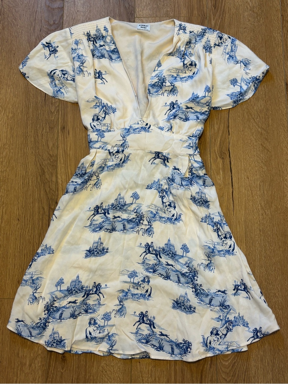 Sunday Best Cream Dress with Blue Toile Print